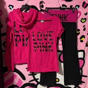 PINK VS Matching set, Fold over yogas, zip up, and shirt🩷